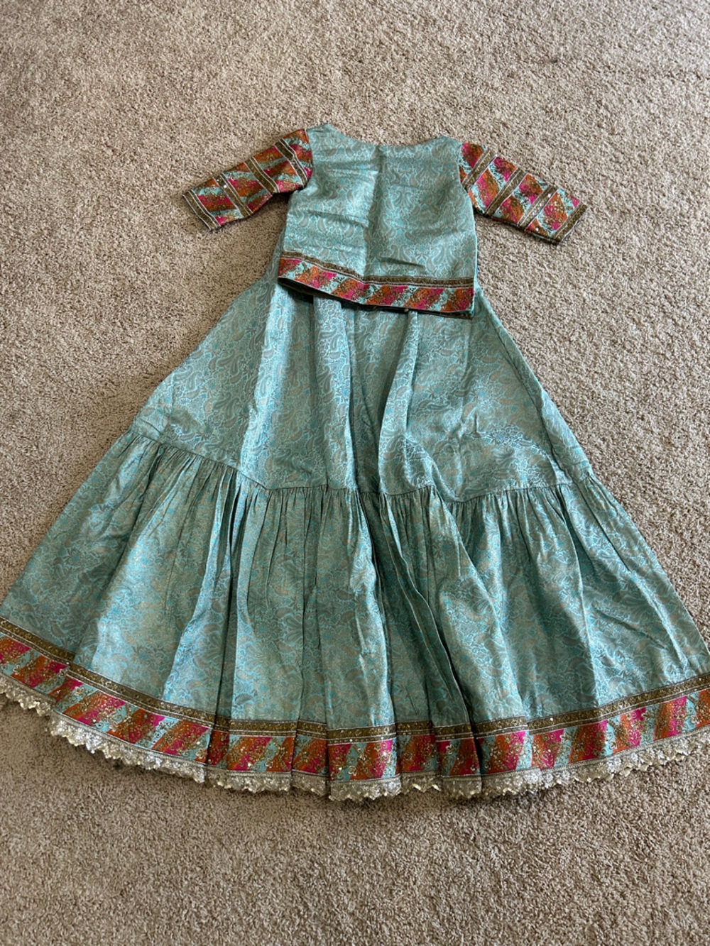 Teal Brocade lehnga blouse  Dress with Embroidered Trim